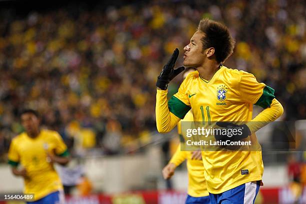 Neymar of Brazil celebrates his goal during a FIFA Friendly match between Colombia and Brazil at the MetLife Stadium on November 14, 2012 in New...