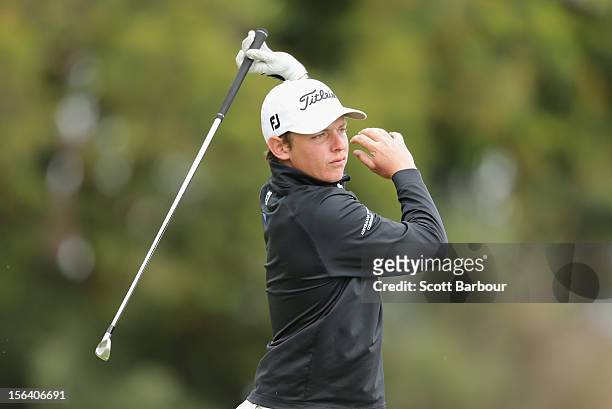 Cameron Smith of Queensland plays an approach shot during day one of the Australian Masters at Kingston Heath Golf Club on November 15, 2012 in...