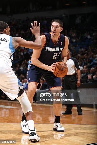 Byron Mullens of the Charlotte Bobcats protects the ball during the game between the Minnesota Timberwolves and the Charlotte Bobcats on November 14,...