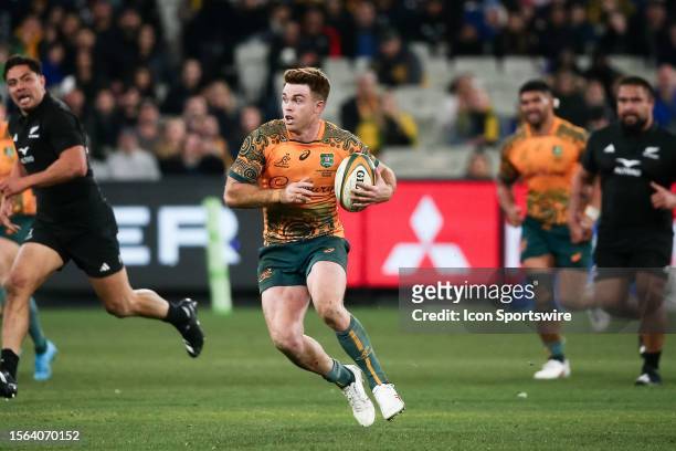 Andrew Kellaway of the Wallabies runs the ball during the Bledisloe Cup match between Australia Wallabies and New Zealand All Blacks at The Melbourne...