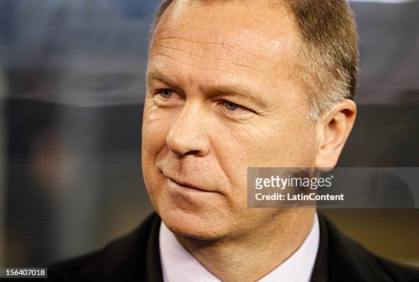 Coach of Brazil ,Mano Menezes, looks on before a FIFA Friendly match between Colombia and Brazil at the MetLife Stadium on November 14, 2012 in New...