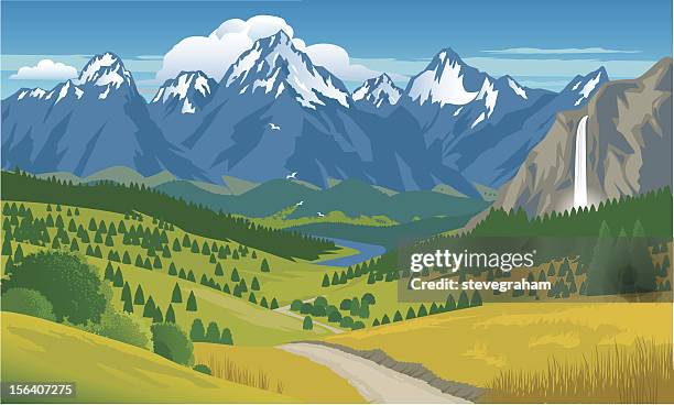 bergpanorama mit wasserfall - schneebedeckt stock-grafiken, -clipart, -cartoons und -symbole