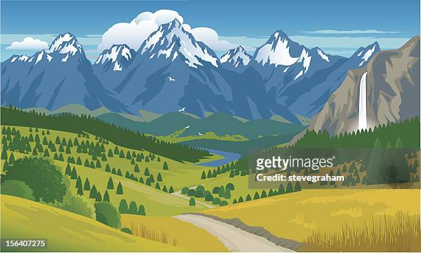 illustrations, cliparts, dessins animés et icônes de montagne panorama avec cascade - panoramic