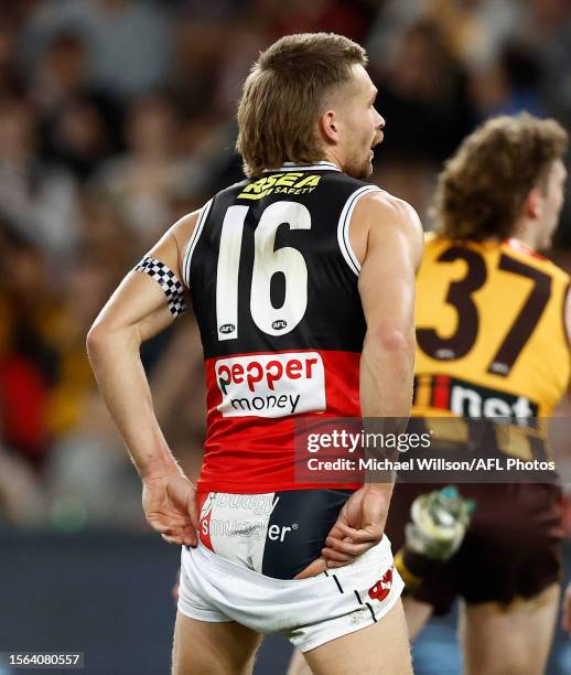 Dan Butler of the Saints pulls up his shorts during the 2023 AFL Round 20 match between the Hawthorn Hawks and the St Kilda Saints at Marvel Stadium...