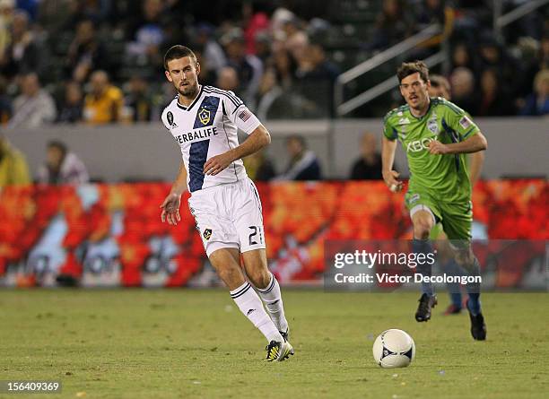 Tommy Meyer of the Los Angeles Galaxy passes the ball during Leg 1 of the Western Conference Championship against the Seattle Sounders at The Home...