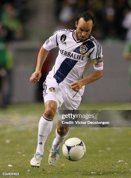 Landon Donovan of the Los Angeles Galaxy paces the ball on the attack during Leg 1 of the Western Conference Championship against the Seattle...