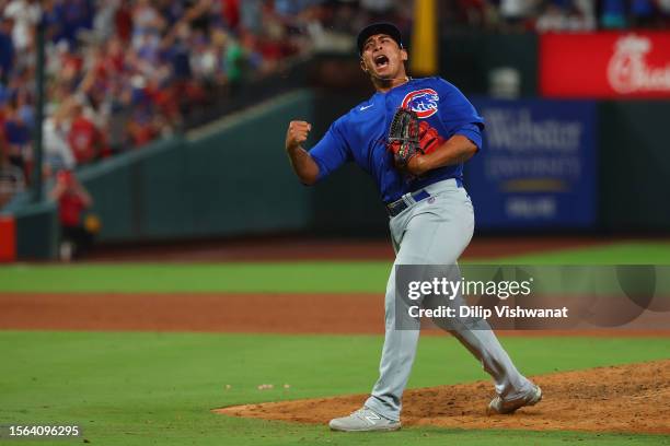 Daniel Palencia of the Chicago Cubs celebrates after beating the Chicago Cubs at Busch Stadium on July 29, 2023 in St Louis, Missouri.