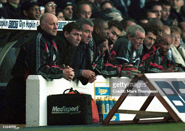 Middlesbrough Terry Venables and assistant Bryan Robson watch from the bench during the match between Tottenham Hotspur and Middlesbrough in the FA...