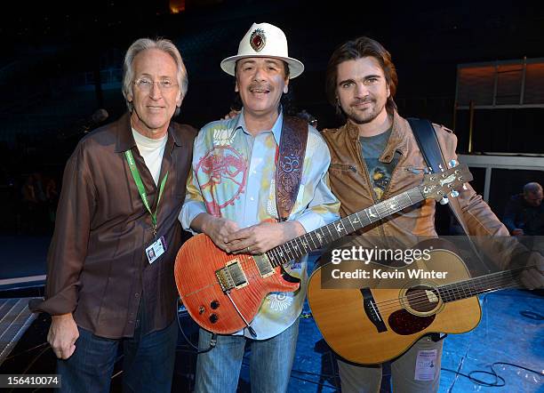 The Recording Academy President/CEO Neil Portnow, and recording artists Carlos Santana and Juanes appear onstage during rehearsals for the 13th...