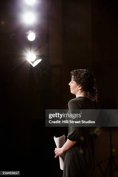 caucasian actress rehearsing on stage - actress rehearsing stock pictures, royalty-free photos & images