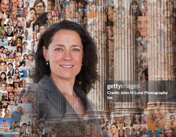 businesswoman surrounded by images of people - 6 11 monate stock-fotos und bilder