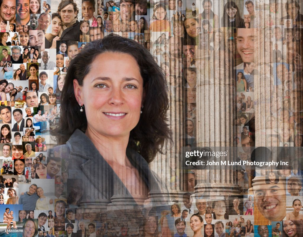 Businesswoman surrounded by images of people