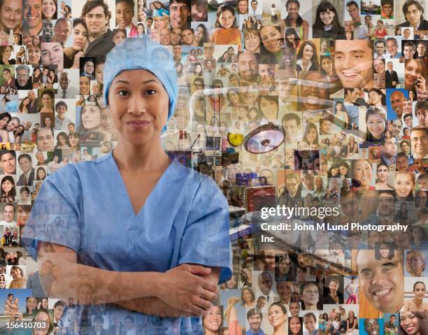 surgeon surrounded by images of people - two young arabic children only indoor portrait stock-fotos und bilder