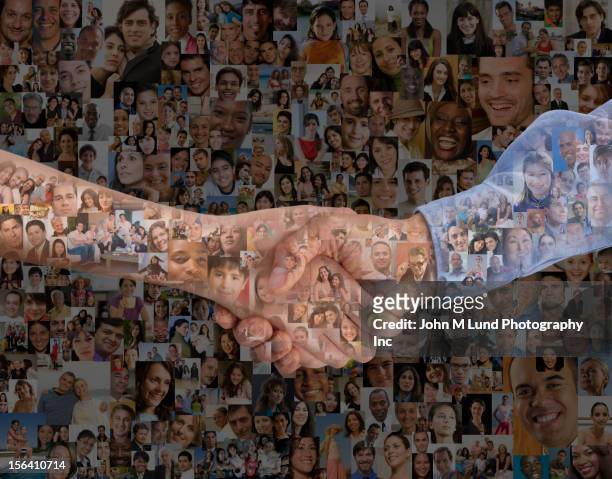 montage of images of people and hand shaking - merger foto e immagini stock