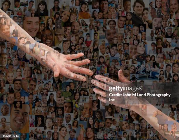 montage of hands reaching out against images of people - boy gift stockfoto's en -beelden