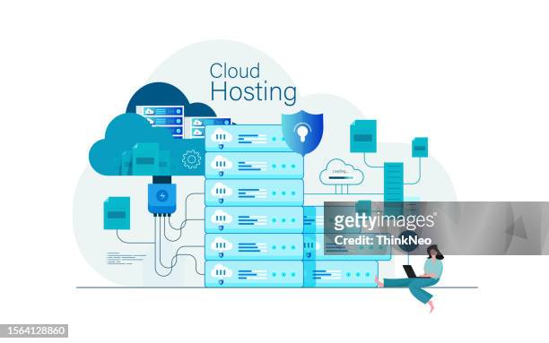 flat vector business datacenter technology with cloud computing service concept - television host stock illustrations