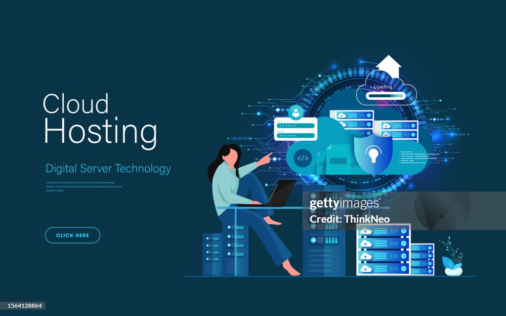 Web hosting concept. Cloud computing online database technology security computer web data center server isometric landing vector page