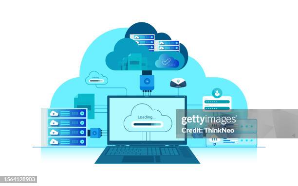 ilustraciones, imágenes clip art, dibujos animados e iconos de stock de concepto isométrico de tecnología en la nube. distribución del concepto de tecnología de la información - network server