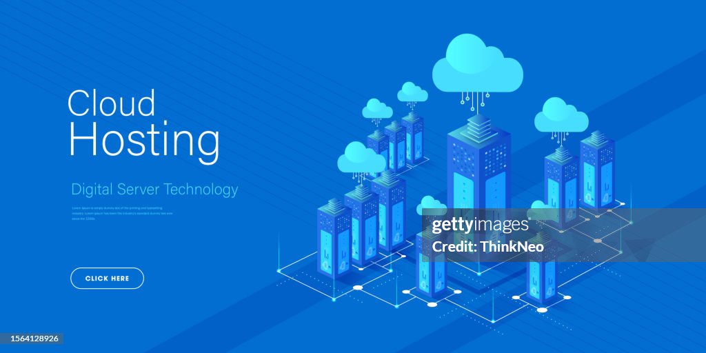 Cloud data storage and cloud storage concept. Landing page template.