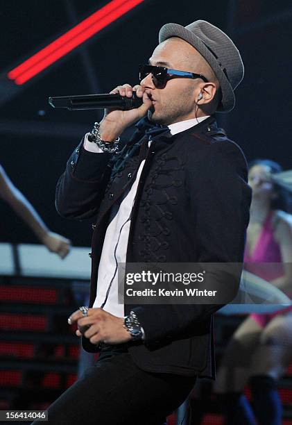 Singer Sensato performs onstage during rehearsals for the 13th annual Latin GRAMMY Awards at the Mandalay Bay Events Center on November 14, 2012 in...