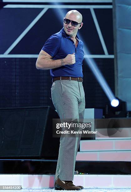 Rapper Pitbull performs onstage during rehearsals for the 13th annual Latin GRAMMY Awards at the Mandalay Bay Events Center on November 14, 2012 in...