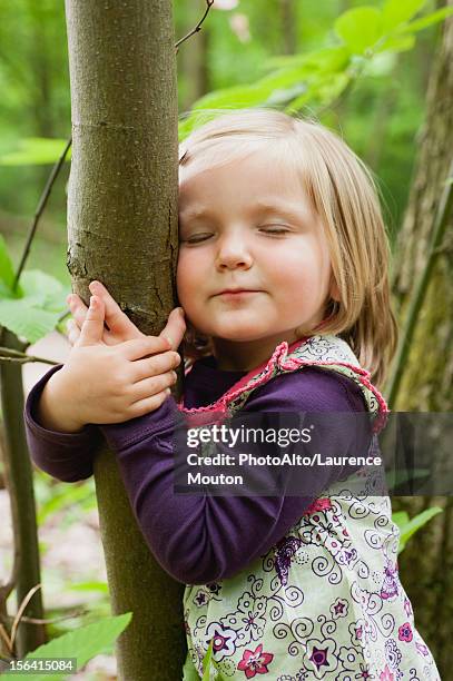 toddler girl hugging tree with eyes closed - tree hugging stock pictures, royalty-free photos & images