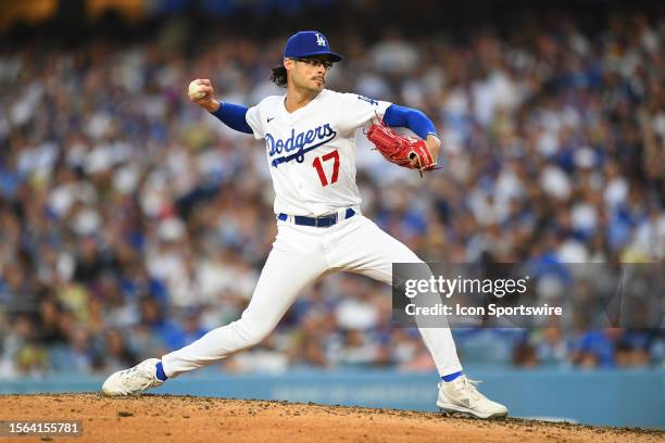 Los Angeles Dodgers pitcher Joe Kelly throws a pitch during the MLB game between the Cincinnati Reds and the Los Angeles Dodgers on July 29, 2023 at...