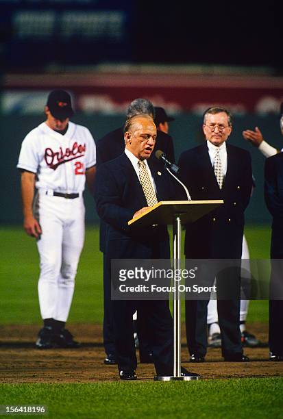 Owner Peter Angelos of the Baltimore Orioles speaks to the fans on the night Cal Ripken Jr. #8 plays in his 2131st consecutive Major League baseball...