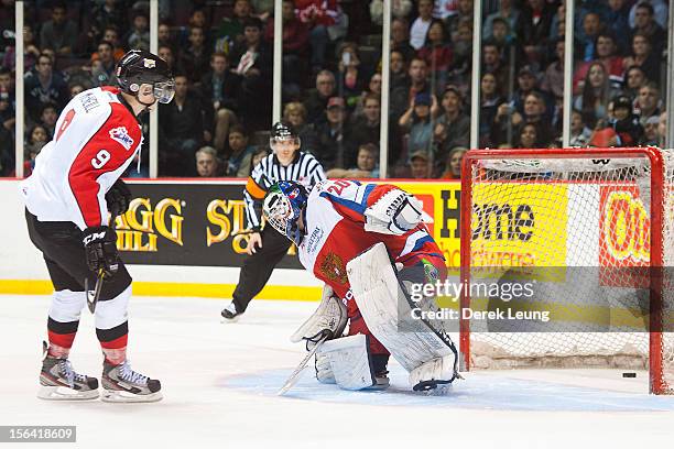 Mark McNeill of the WHL All-Stars scores the All-Stars' second shootout goal against Andrei Makarov of team Russia during Game One of the WHL-Russia...