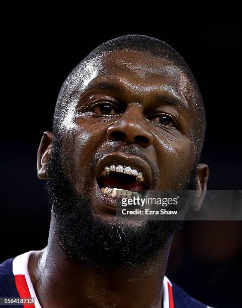 Ivan Johnson of the Atlanta Hawks argues call with the referee during their game against the Golden State Warriors at Oracle Arena on November 14,...