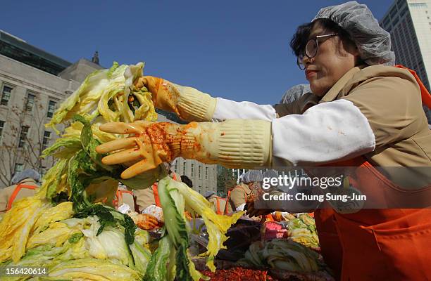 More than two thousand housewives make Kimchi for donation to the poor in preparation for winter in front of City Hall on November 15, 2012 in Seoul,...
