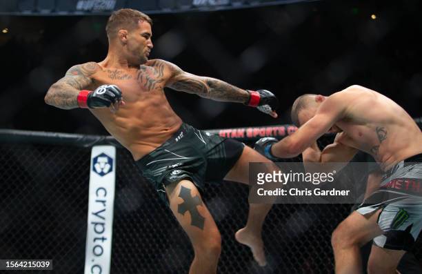 Dustin Poirier lands a kick against Justin Gaethje during their Lightweight fight at UFC 291 at the Delta Center July 29, 2023 at the in Salt Lake...