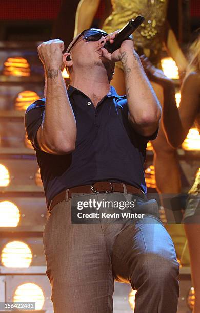 Rapper Pitbull performs onstage during rehearsals for the 13th annual Latin GRAMMY Awards at the Mandalay Bay Events Center on November 14, 2012 in...