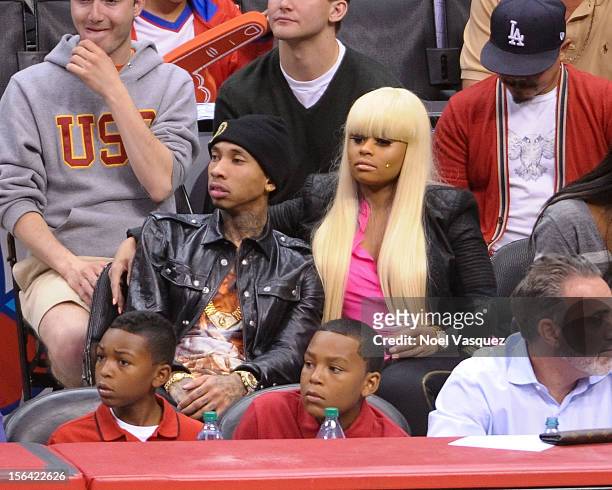 Tyga and Blac Chyna attend a basketball game between the Miami Heat and the Los Angeles Clippers at Staples Center on November 14, 2012 in Los...
