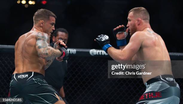 Dustin Poirier and Justin Gaethje face off during their Lightweight fight at UFC 291 at the Delta Center July 29, 2023 at the in Salt Lake City, Utah.