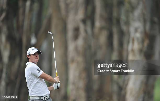 Rory McIlroy of Northern Ireland plays a shot during the first round of the UBS Hong Kong open at The Hong Kong Golf Club on November 15, 2012 in...