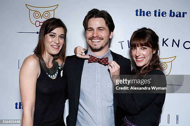 Lizzy Caplan, Jason Ritter and Leslie Sloane at the launch of Tie The Knot, a charity benefitting marriage equality through the sale of limited...