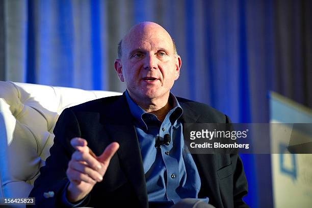 Steve Ballmer, chief executive officer of Microsoft Corp., gestures while speaking during an event at the Churchill Club in Santa Clara, California,...