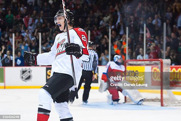 Sam Reinhart of the WHL All-Stars celebrates after scoring the shootout winning goal against Andrei Makarov of team Russia during Game One of the...