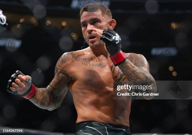 Dustin Poirier sets to punch against Justin Gaethje during their Lightweight fight at UFC 291 at the Delta Center July 29, 2023 at the in Salt Lake...