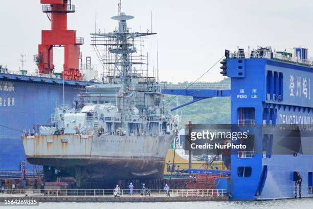 Decommissioned warship is undergoing transformation at Penglai Zhongbai Jinglu Shipbuilding Co LTD in Yantai, Shandong province, China, July 28,...