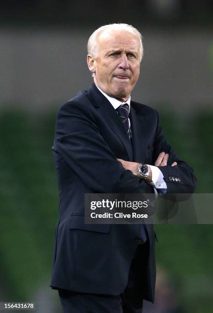 Giovanni Trapattoni of Ireland looks on during the International friendly between Ireland and Greece at the Aviva Stadium on November 14, 2012 in...