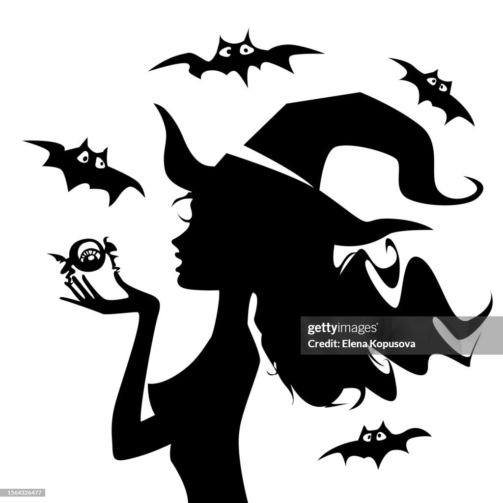 Halloween concept in flat style. A young beautiful witch in profile eats a candy on a white background with bats.