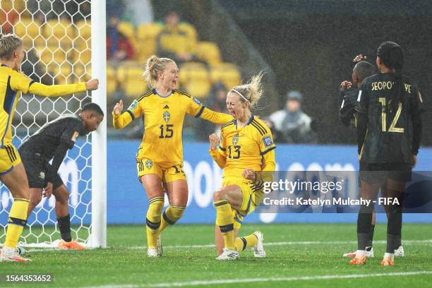 Amanda Ilestedt of Sweden celebrates with teammate Rebecka Blomqvist after scoring her team's second goal during the FIFA Women's World Cup Australia...