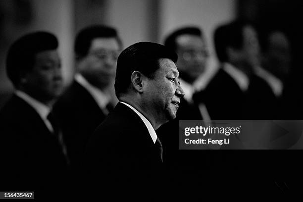 General Secretary of the Central Committee of the Communist Party of China Xi Jinping delivers a speech as Liu Yunshan, Zhang Dejiang, Li Keqiang, Yu...