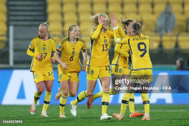 Amanda Ilestedt of Sweden celebrates with teammates after scoring her team's second goal during the FIFA Women's World Cup Australia & New Zealand...