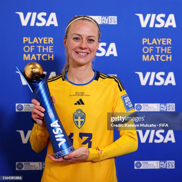 Amanda Ilestedt of Sweden poses for a photo with her VISA Player of the Match award after the FIFA Women's World Cup Australia & New Zealand 2023...