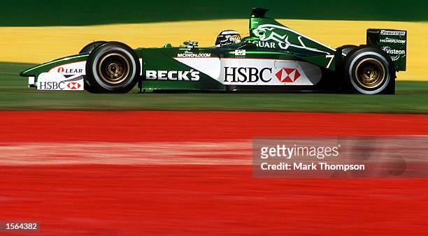 Eddie Irvine of Ireland and Jaguar-Cosworth in action during practice at the Albert Park race track prior to the Formula 1 Grand Prix in Melbourne...