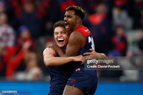 Kysaiah Pickett of the Demons celebrates kicking a goal during the round 19 AFL match between Melbourne Demons and Adelaide Crows at Melbourne...