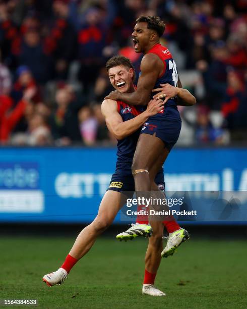 Kysaiah Pickett of the Demons celebrates kicking a goal during the round 19 AFL match between Melbourne Demons and Adelaide Crows at Melbourne...